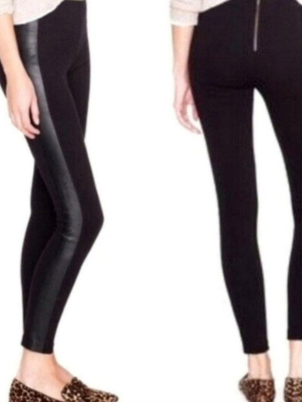 J. Crew SZ 0R Pixie Legging  Black Leather Tuxedo Side Stripe Ponte Back Zip
